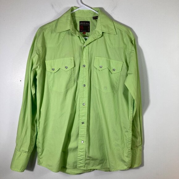 Mens Roper Western Pearl Snap Long Sleeve Shirt Lime Green S Cotton - Picture 1 of 7